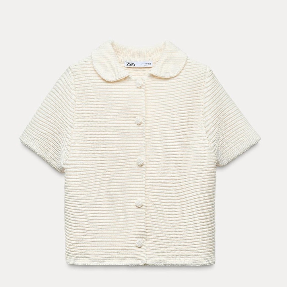 Zara Off-White Short-Sleeve Ribbed Button Cardigan